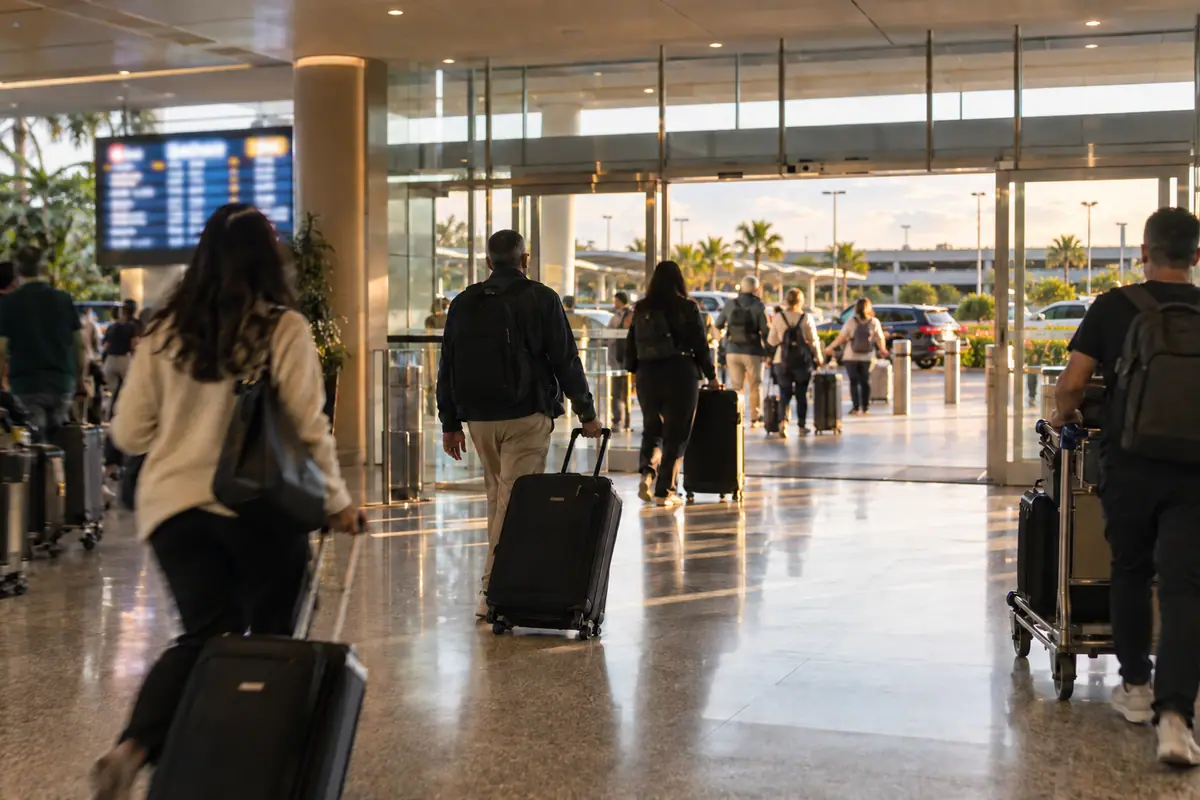 Arrivals hall exit doors with travellers walking out past an information display