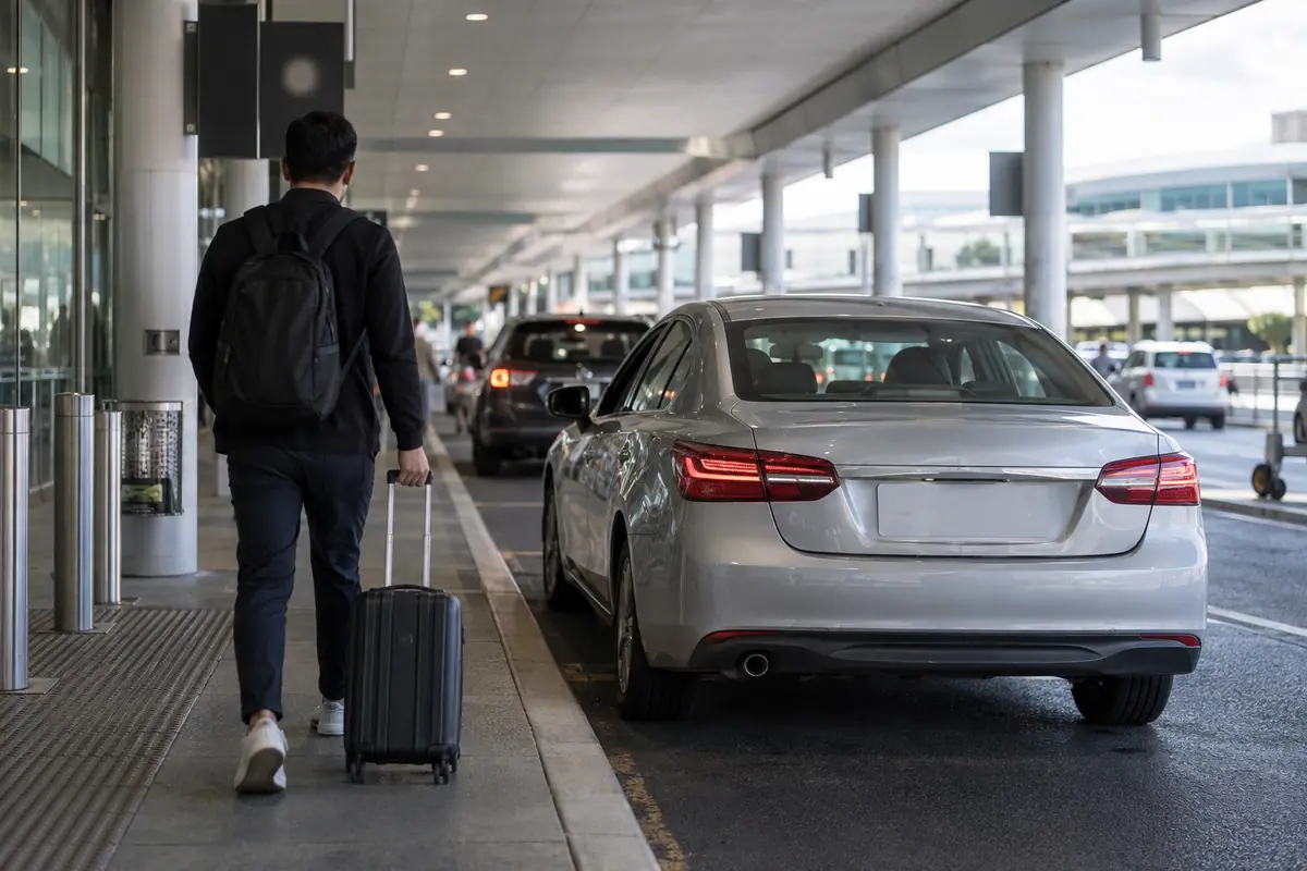 Domestic terminal pickup lane with a car waiting in a numbered bay