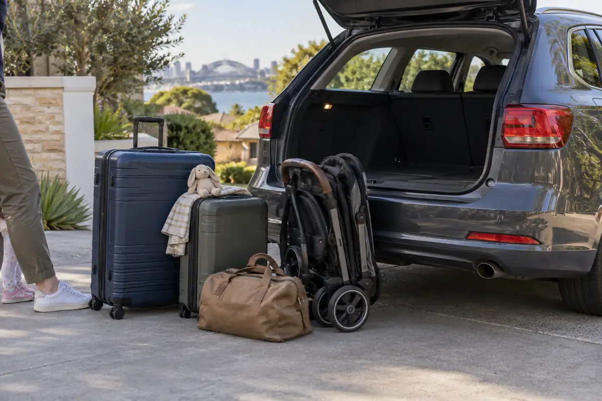 Family luggage and a folded pram beside an open car boot on a driveway
