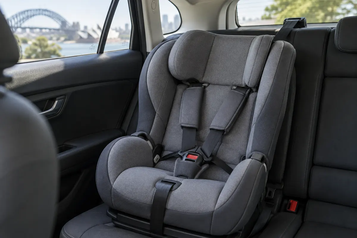 Close view of a child restraint harness buckle and top tether strap