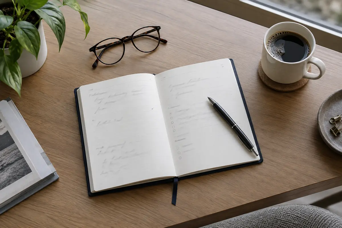Open paper diary, pen and coffee on a desk while planning travel