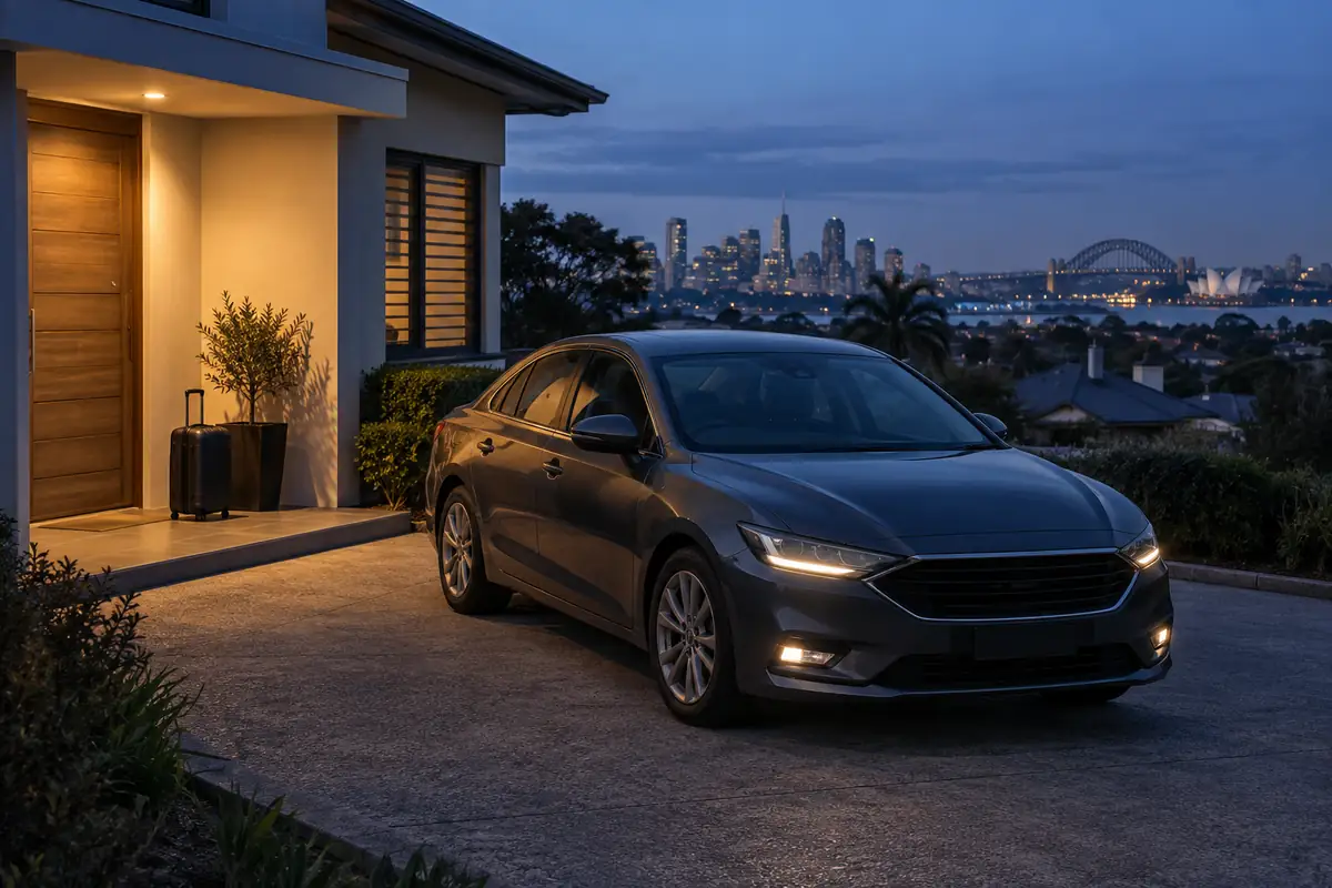 Car waiting in a residential driveway before sunrise with a suitcase by the door