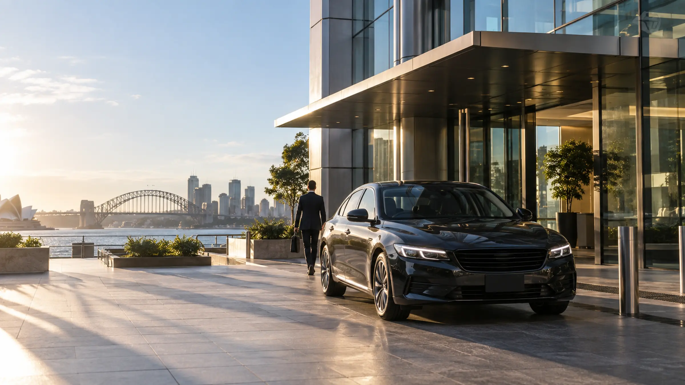Pre-booked car waiting at an office tower forecourt in early morning light