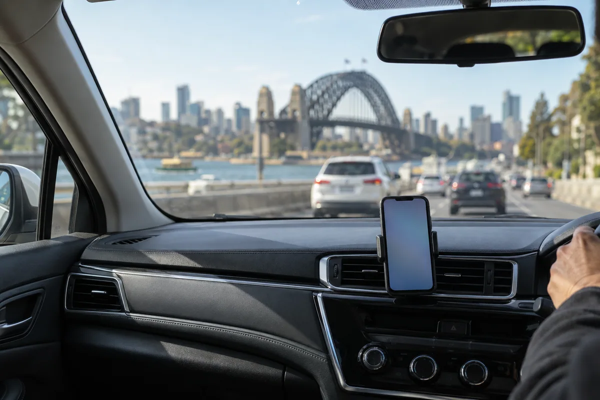 View from the passenger seat along the road ahead during a Sydney taxi trip