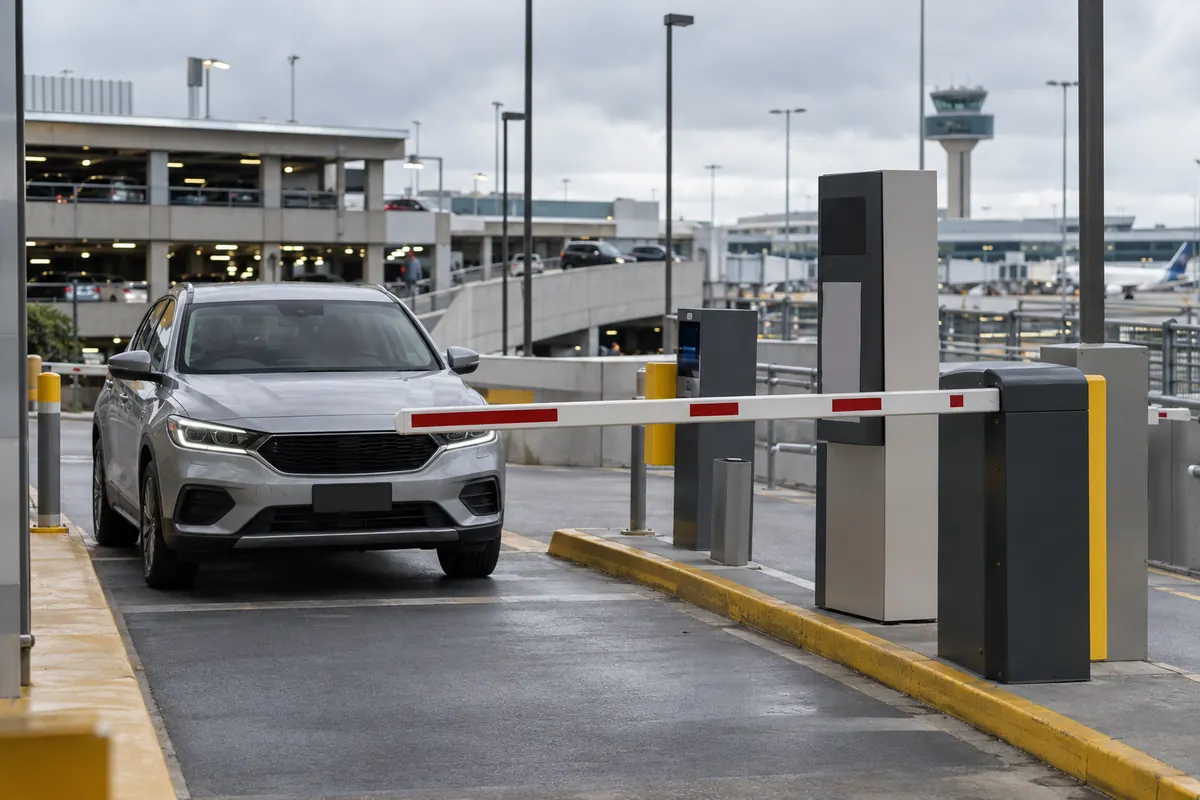 Car approaching a boom gate at an airport pickup exit lane