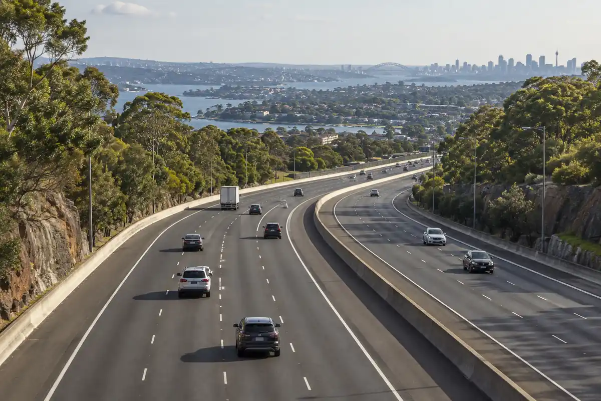 Long motorway curving away toward distant suburbs seen from an overpass