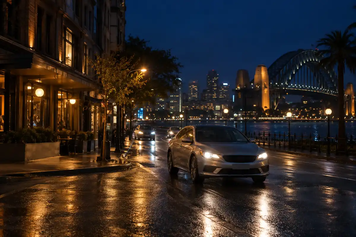 Sydney street at night lit by streetlights with a taxi passing