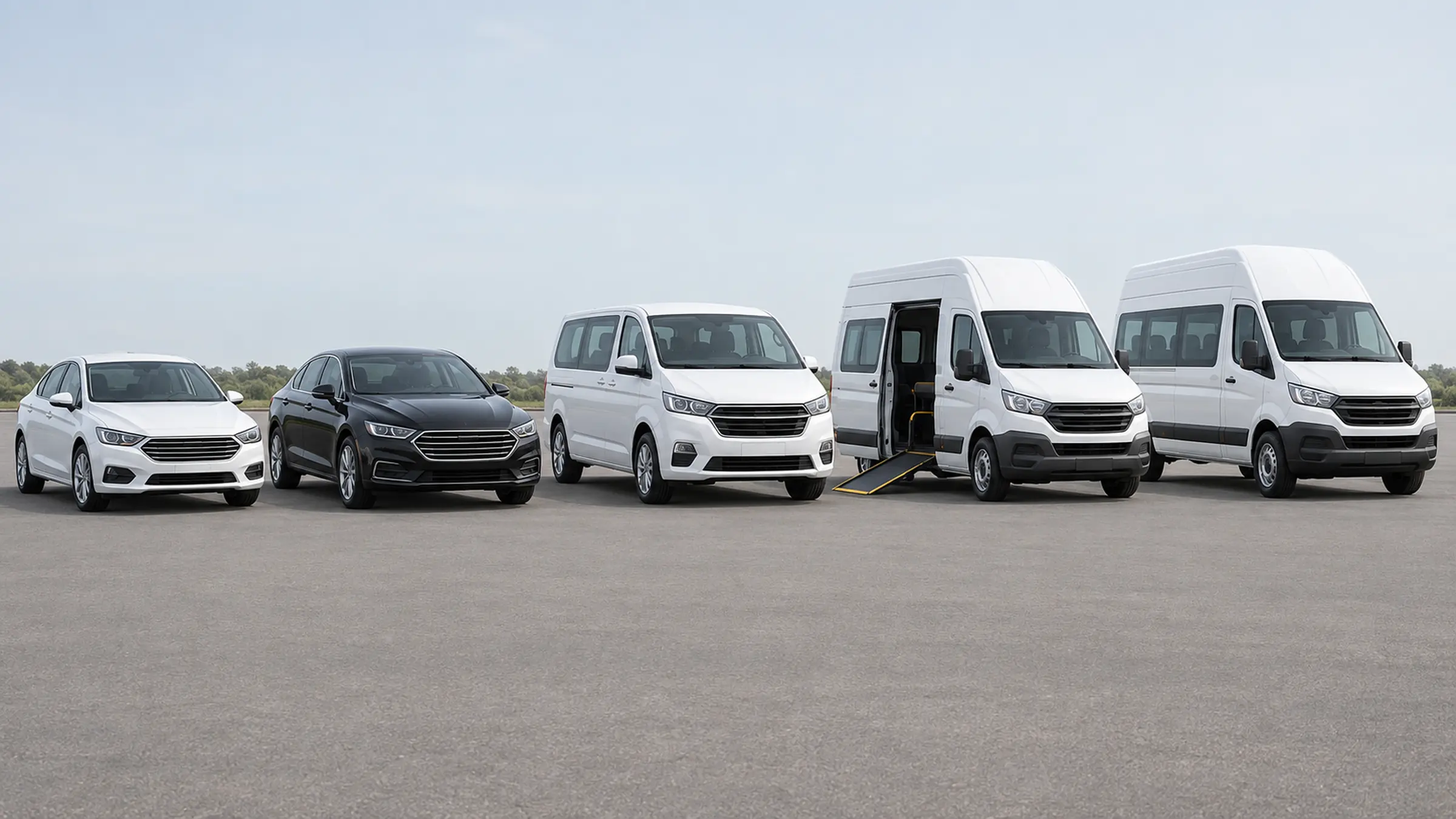 Sedan, premium sedan, seven seat van, accessible van and eleven seat van parked in a row