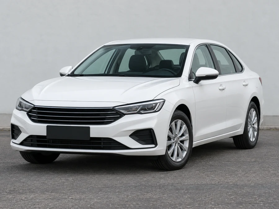 Four door sedan taxi photographed from the front three-quarter angle