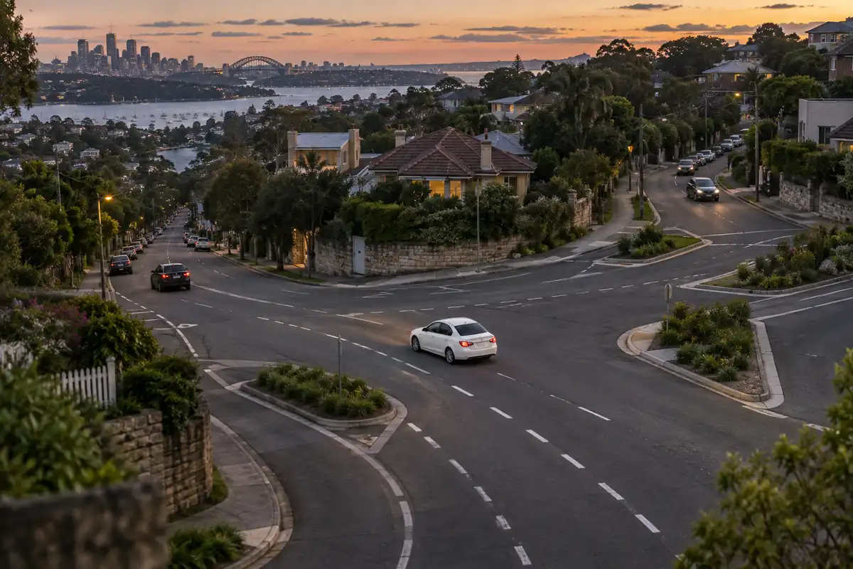 Suburban road junction at dusk with several turnings and light traffic