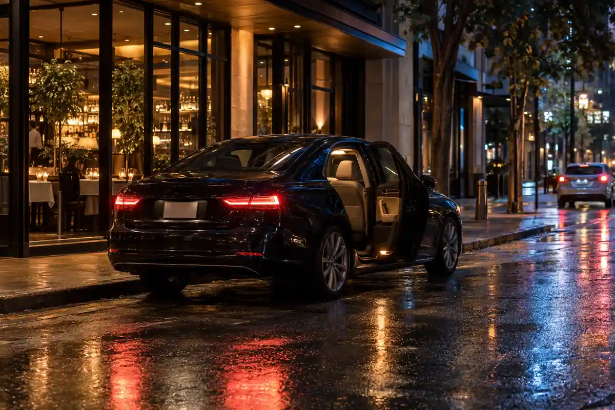 Taxi at the kerb outside a lit city restaurant on a wet night