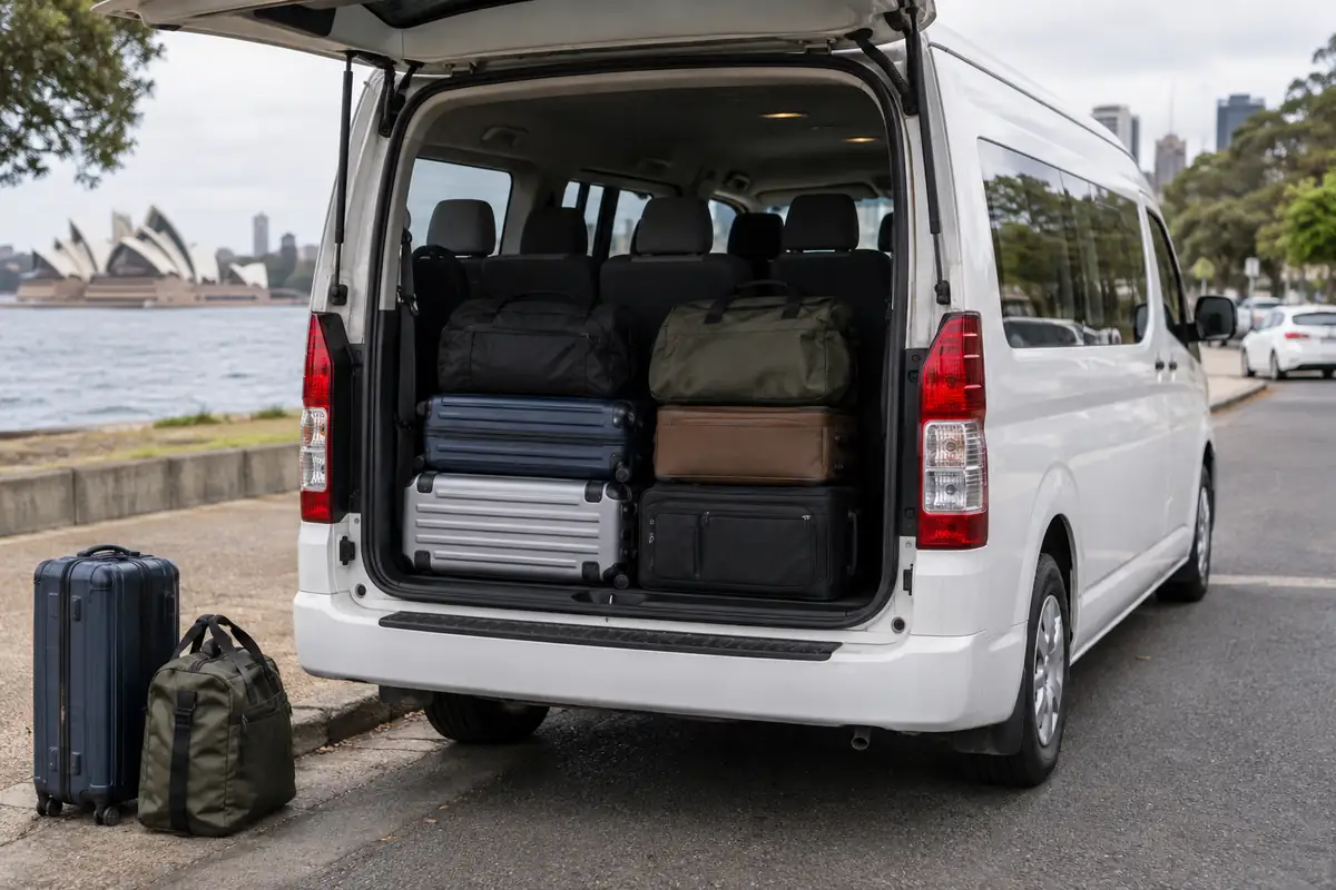 Suitcases and bags stacked in the rear of a maxi van with the tailgate up