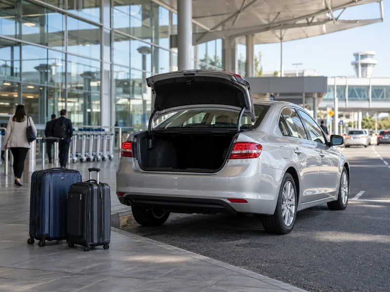 Sedan waiting in an airport terminal pickup bay with suitcases on the kerb