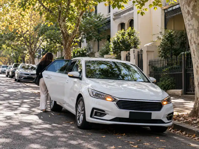 Taxi pulled over for a passenger pickup on a leafy Sydney suburban street