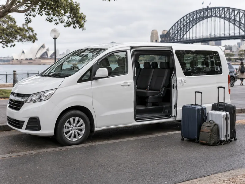Seven seater maxi van with its side door open and luggage waiting to be loaded