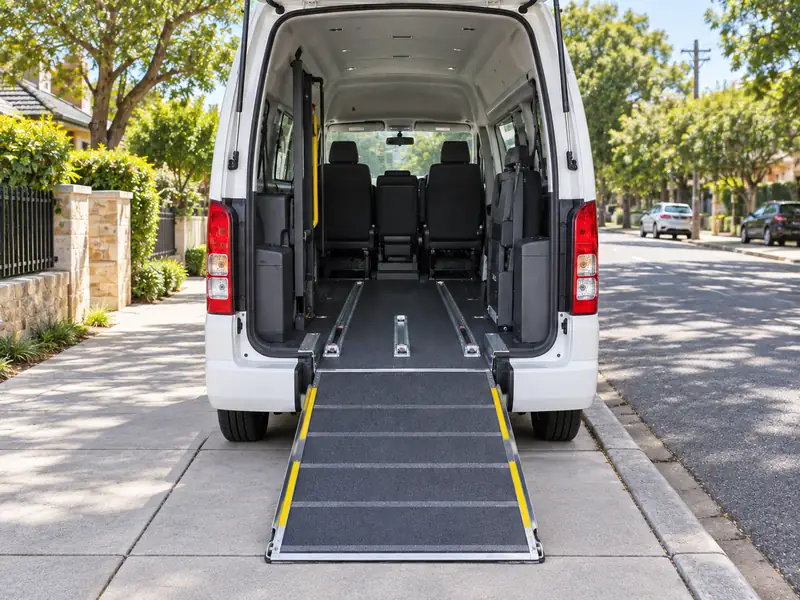 Wheelchair accessible van with its rear ramp lowered to the footpath