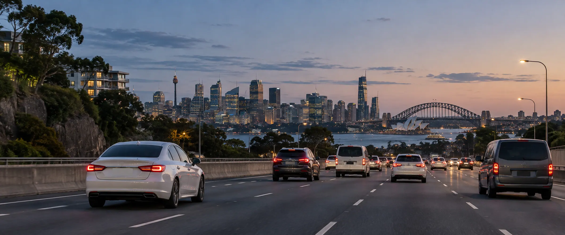Traffic on a Sydney arterial road at dusk with the city skyline behind