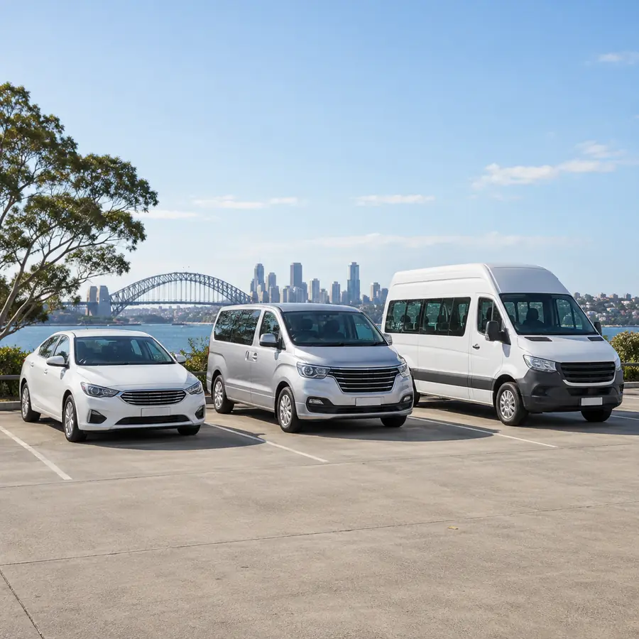 A sedan, a seven seat van and an accessible van parked in a row