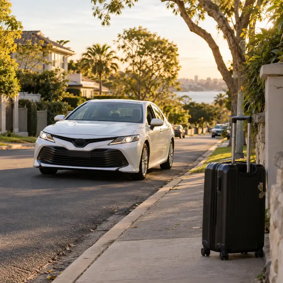 Taxi pulling up to a residential kerb with a suitcase ready on the footpath