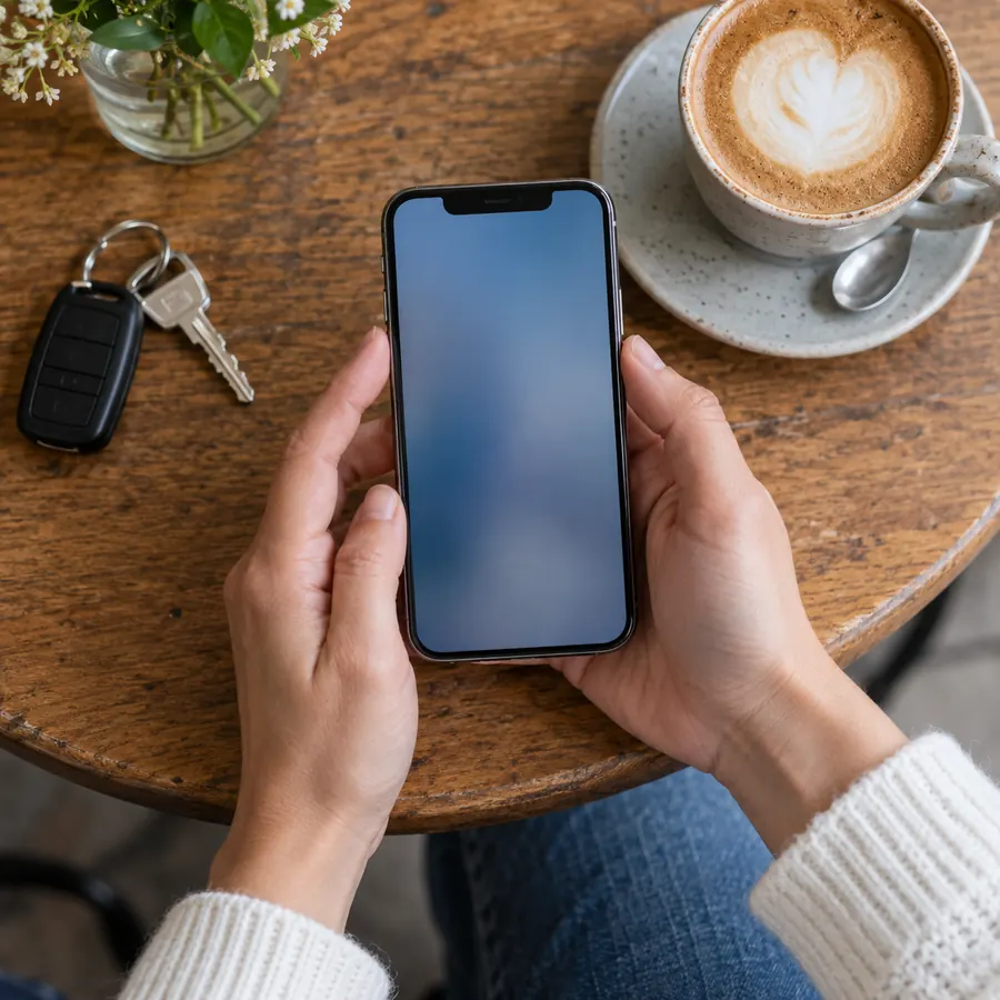 Entering pickup and destination addresses on a phone at a café table