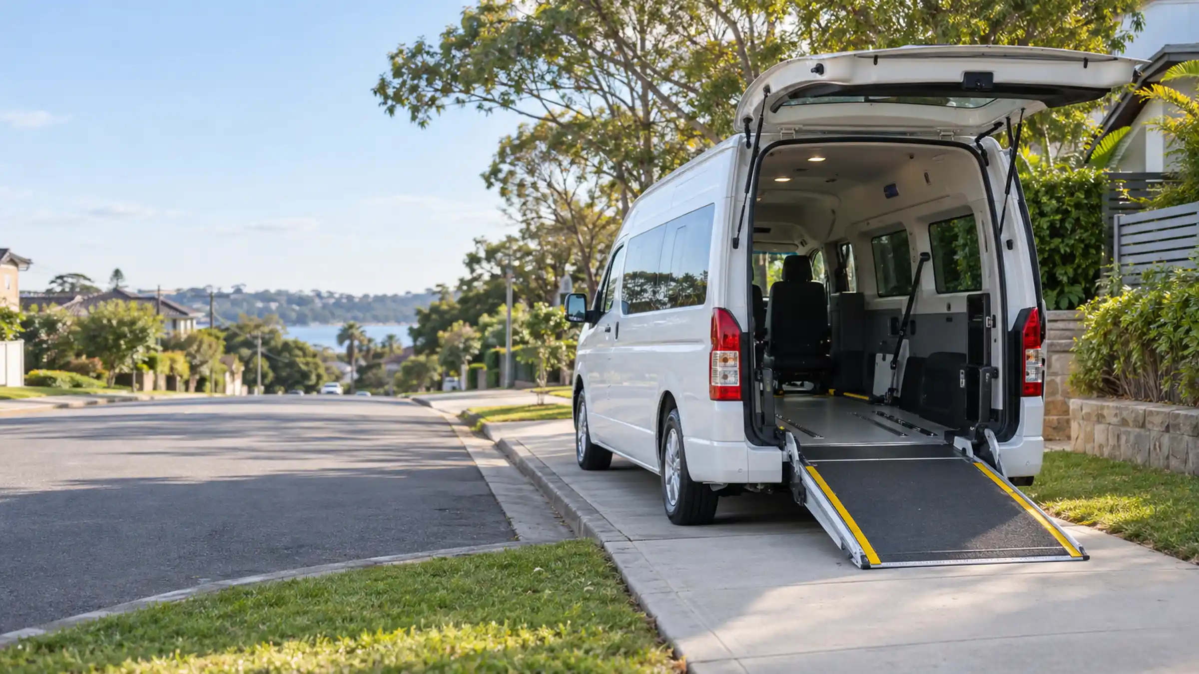 Wheelchair accessible taxi at a suburban kerb with its rear ramp lowered
