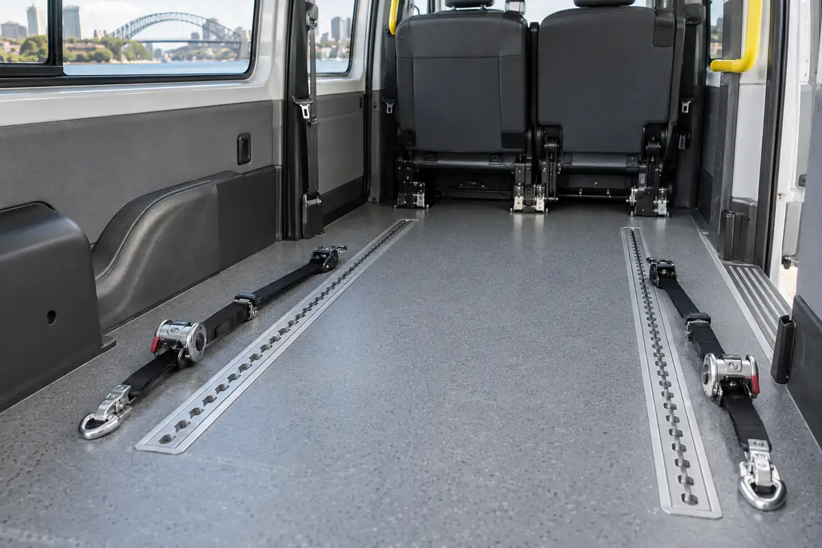 Floor anchor tracks and webbing restraints inside a wheelchair accessible van