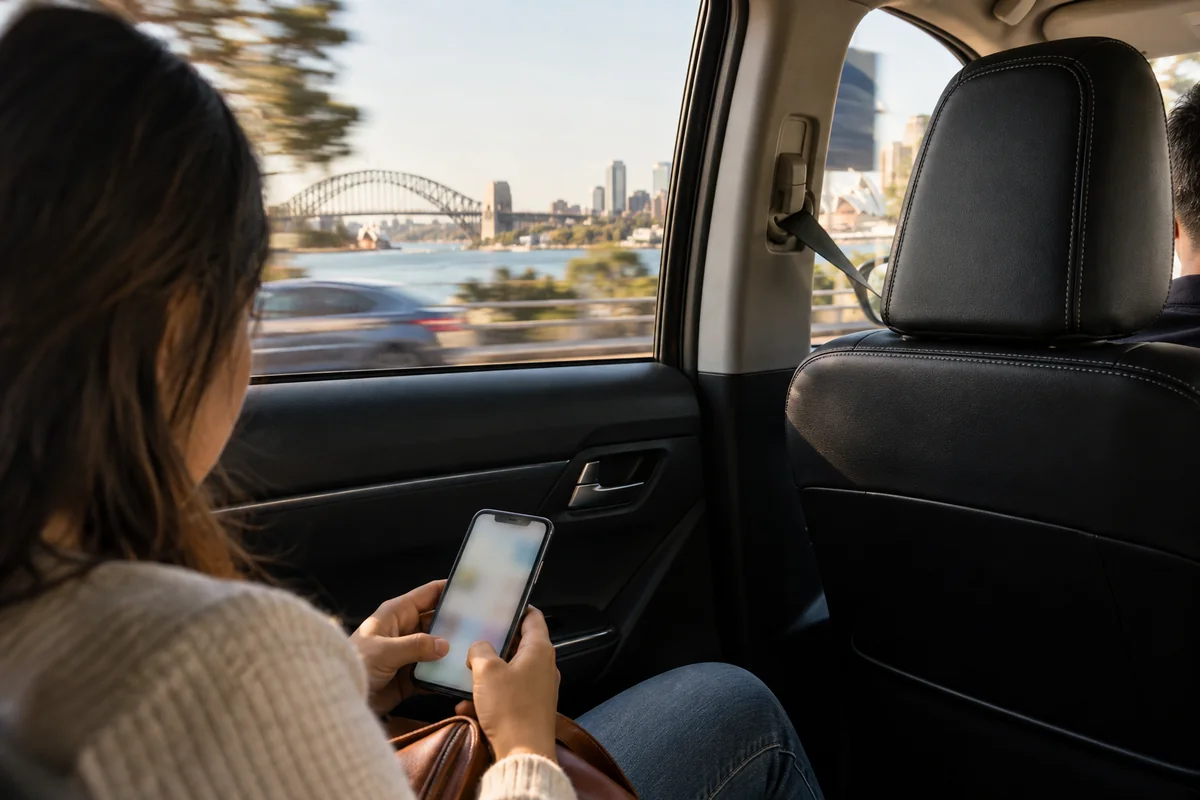 Passenger in the back seat checking their phone while the Sydney streetscape passes